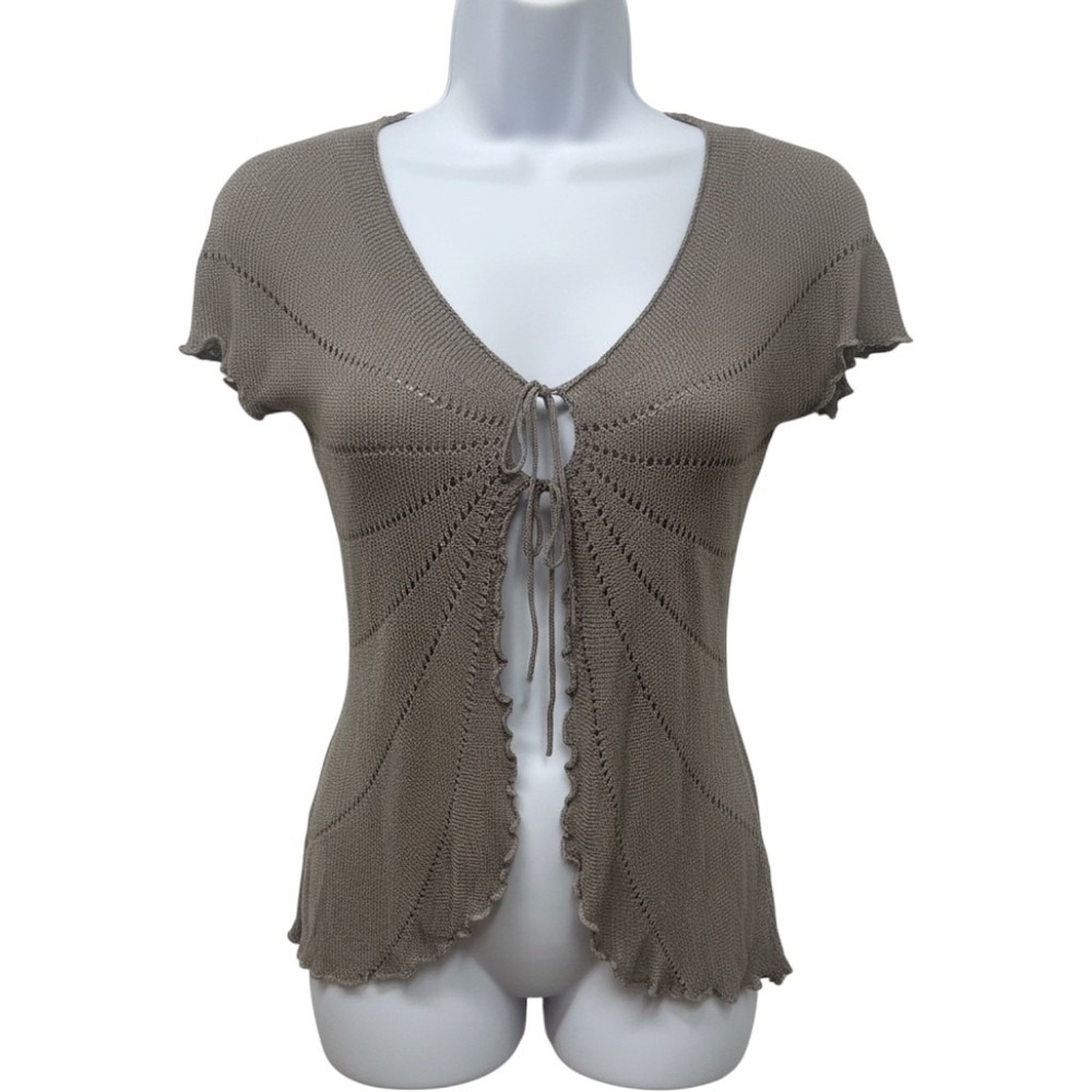 Kenar Small gray tan Linen Blend Two Tie Front Pointelle Knit Short Sleeve Top